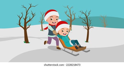 Cartoon of Cute Kids Playing in The Snow