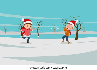 Cartoon of Cute Kids Playing in The Snow