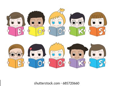 Cartoon cute kids read books vector
