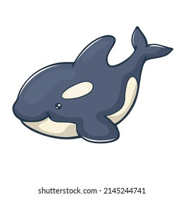 Cartoon cute killer whale isolated on white background. Vector illustration funny character underwater world. Drawing animal printable clipart.