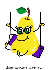 Cartoon cute kind yellow illustration of a pear with beautiful eyes swinging on a swing. For a set of stickers, childrens events, recreation, leisure.