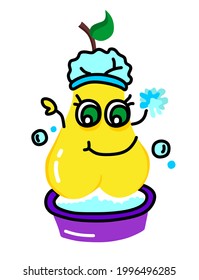 Cartoon cute kind yellow illustration of a pear with beautiful eyes washing in a basin. For a set of stickers, childrens events, recreation, leisure.