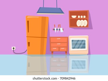 Cartoon cute kitchen with fridge electric stove, dishes, table flat vector illustration