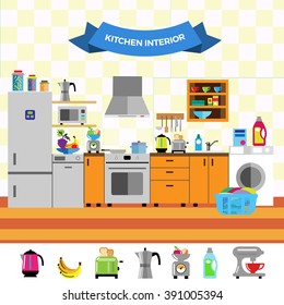 Cartoon cute kitchen interior. Flat design style. Household appliances, fridge, oven, stove, dishwasher, washing machine, cupboards, cabinets, dishes, utensils. Vector illustration.