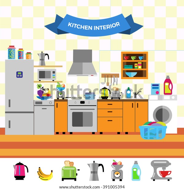 Cartoon Cute Kitchen Interior Flat Design Stock Vector