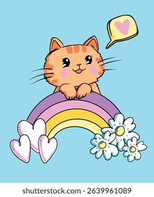 Cartoon cute kitten on the rainbow with heart and flowers in hand drawn style. Hand drawn vector illustration of cat for children tee, stickers, poster, card. Kitty kids print