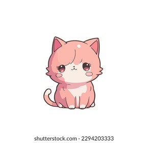 Cartoon cute kitten in pink color on a white background. Vector illustration
