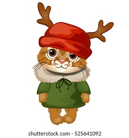 Cartoon cute kitten in a red hat with antlers isolated on white background. Sample of the poster, invitation and other cards. Vector illustration.