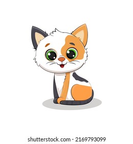 Cartoon cute kitten sits on a white background. Cute cat in cartoon style. Vector illustration.