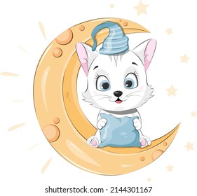 Cartoon cute kitten sitting on the moon. Time to sleep