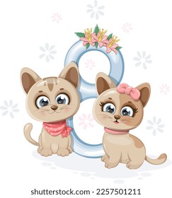 Cartoon and cute kittens with number 8