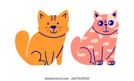 Cartoon cute kittens on white isolated background. Funny cats sitting.