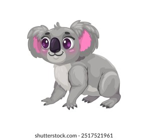 Cartoon cute koala bear character with big purple eyes and pink ears, sitting with a gentle and endearing expression. Isolated vector Australian animal personage captures the charm and innocence