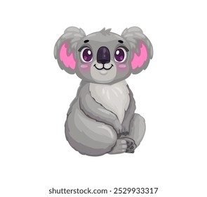 Cartoon cute koala bear character with big purple eyes and pink ears. Isolated vector Australian animal personage captures the charm and innocence, sitting with a gentle and endearing expression