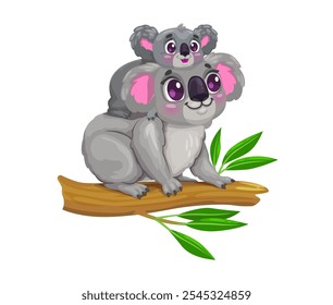 Cartoon cute koala bear mother with child character. Zoo animal childish isolated vector personage, Australia jungle bear cute or koala mom with kid comical characters sitting on eucalyptus branch