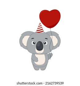 Cartoon cute koala with red balloon. Postcard in children cartoon style. Vector illustration for design or print