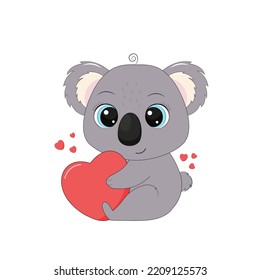 Cartoon cute koala sits and hugs a pink heart. Vector illustration for designs, prints and patterns