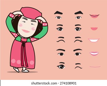 cartoon cute Korea traditional girl character pack facial emotions design elements isolated vector illustration