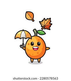 cartoon of the cute kumquat holding an umbrella in autumn , cute style design for t shirt, sticker, logo element