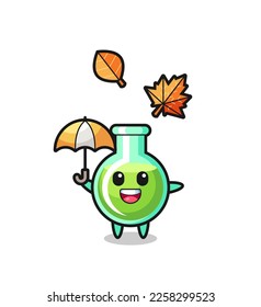 cartoon of the cute lab beakers holding an umbrella in autumn , cute style design for t shirt, sticker, logo element