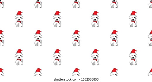 Cartoon cute labrador retriever dog with santa claus christmas hat seamless pattern background for design.