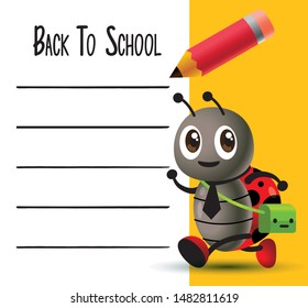 Cartoon cute lady bird back to school with whiteboard and pencil. - vector