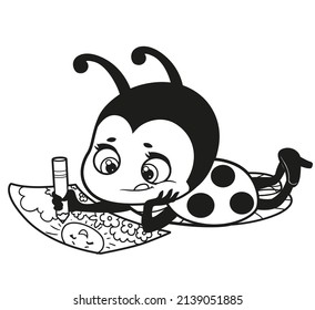 Cartoon cute ladybug draw illustration outlined for coloring page on white background