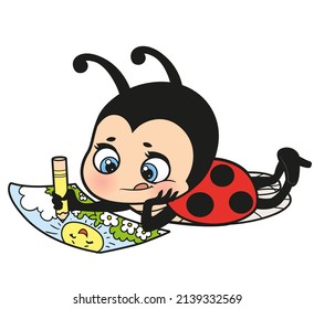 Cartoon cute ladybug draw illustration color variation for coloring page on white background