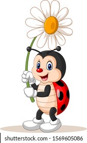 Cartoon cute ladybug holding flower