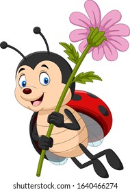Cartoon cute ladybug holding flower