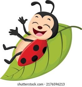 Cartoon cute ladybug on leaf 
