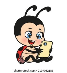 Cartoon cute ladybug with phone in hand color variation for coloring page on white background