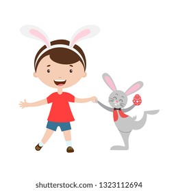 Cartoon cute laughing  boy with Easter bunny.Design for  spring holiday