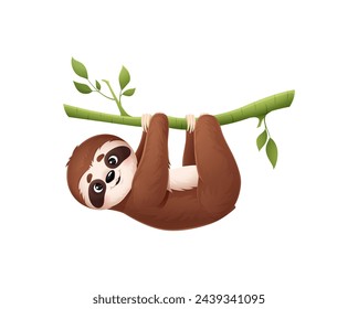 Cartoon cute lazy sloth animal hangs on tree branch. Isolated vector lovable, funny jungle forest personage with a sweet smile, embodying adorable laziness with its relaxed posture and endearing charm