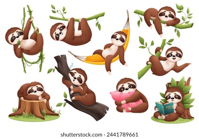 Cartoon cute lazy sloth animal characters sleeping, hanging and climbing on tree branches and rainforest lianas. Vector personages set of happy sloth animals eating, reading book, swinging on hammock