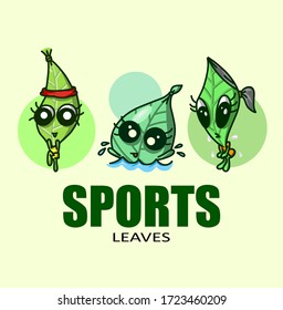  Cartoon cute leave characters vector illustrations. three leaf characters are exercising, swimming and jogging