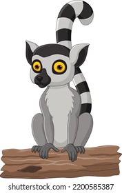 Cartoon cute lemur sitting on tree stump