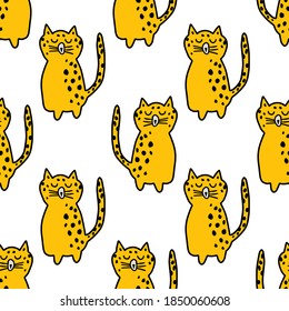 Cartoon cute leopard in doodle style seamless pattern. Wild animal background. Childlike style. Vector illustration.