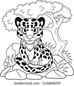 cartoon cute leopard, funny illustration, coloring book