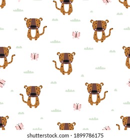 cartoon cute leopard vector seamless pattern for children, print for textile, fabric, wallpaper, paper