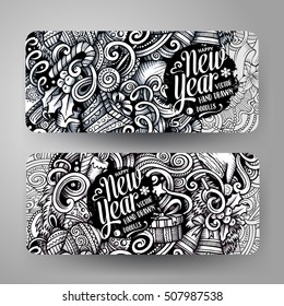 Cartoon cute line art graphic trace vector hand drawn doodles New Year season corporate identity. 2 horizontal banners design. Templates set