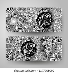 Cartoon cute line art vector hand drawn doodles Disco music corporate identity. 2 horizontal banners design. Templates set. All objects are separate