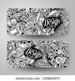 Cartoon cute line art vector hand drawn doodles Designer corporate identity. 2 horizontal banners design. Templates set. All objects separate