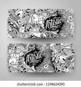 Cartoon cute line art vector hand drawn doodles Artist corporate identity. 2 horizontal banners design. Templates set. All objects separate