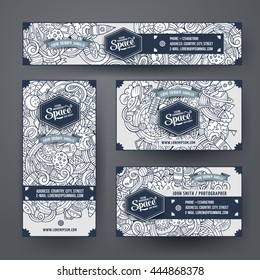 Cartoon cute line art vector hand drawn doodles space corporate identity set. Templates design of banners, id cards, flyer 