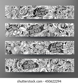 Cartoon Cute Line Art Vector Hand Drawn Doodles Latin American Corporate Identity. 4 Horizontal Banners Sketchy Design Set