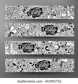 Cartoon cute line art vector hand drawn doodles casino corporate identity. 4 horizontal banners design. Templates set