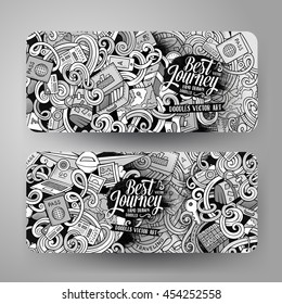 Cartoon cute line art vector hand drawn doodles travel corporate identity. 4 horizontal journey banners design. Templates set