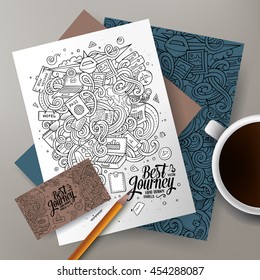 Cartoon cute line art vector hand drawn doodles traveling corporate identity set. Templates design of business card, flyers, posters, papers on the table. 

