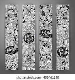Cartoon cute line art vector hand drawn doodles picnic corporate identity. 4 vertical banners sketchy design set
